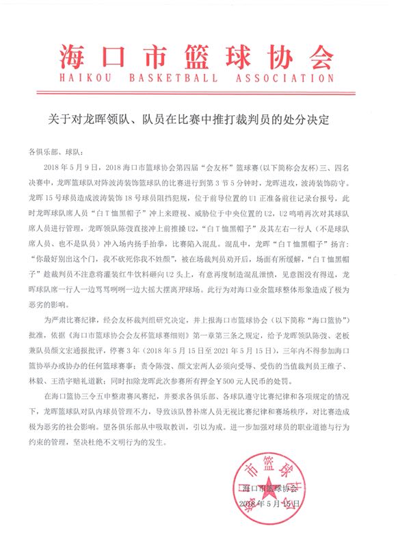 海口市篮协开罚单：会友杯比赛中推打裁判  龙晖领队陈弢、队员颜文宏禁赛三年